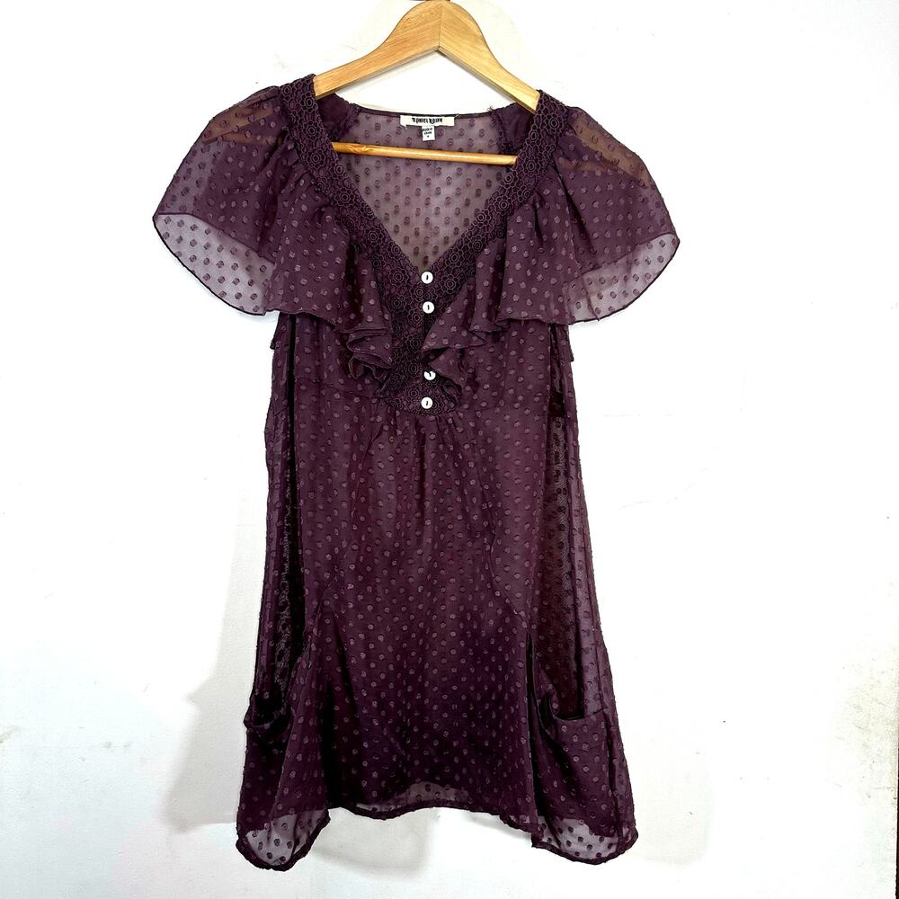 DANIEL RAINN Sheer Swiss Dot Purple‎ Ruffle Sleeve Top Womans Small